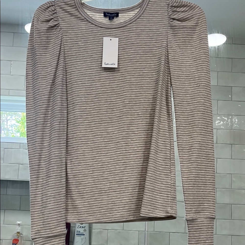 Splendid Tan and White Fitted Ribbed Blouse